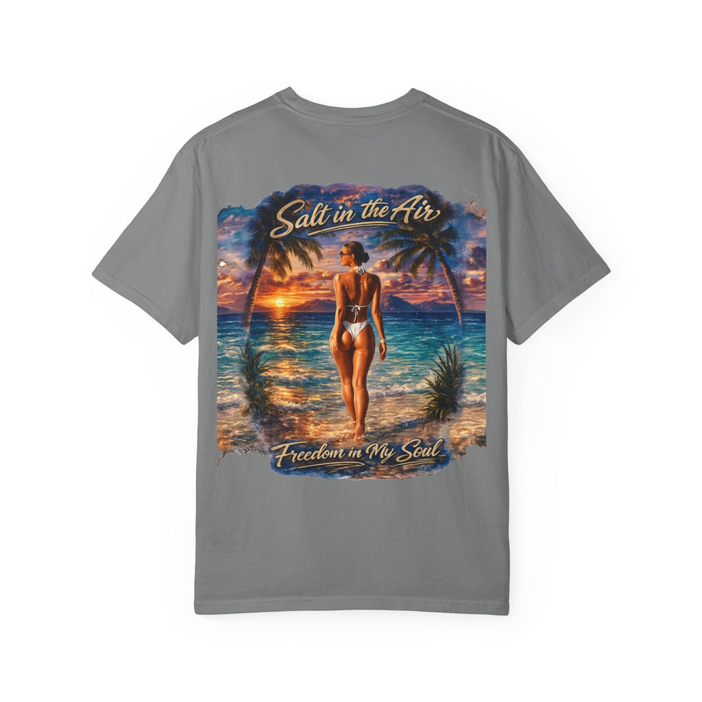 Beach T-Shirt — "Salt in the Air, Freedom in My Soul" Sunset Bikini Graphic