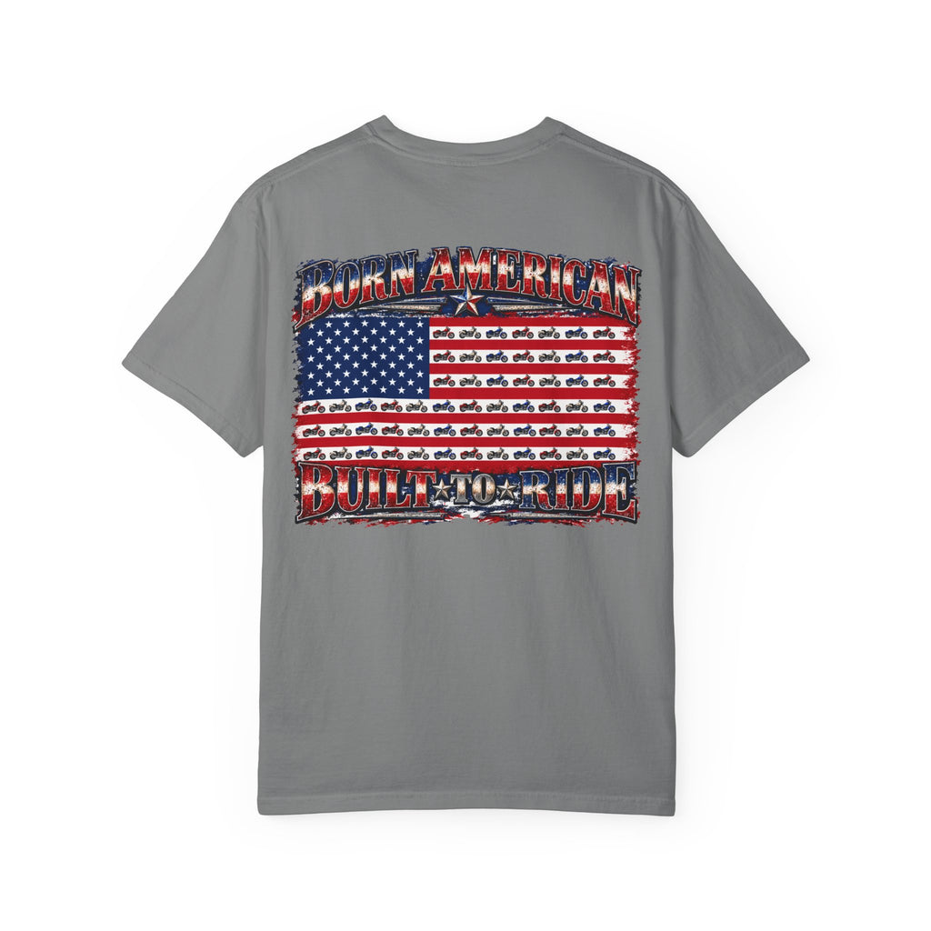 T-Shirt — "Born American, Built to Ride" Flag Motorcycle Graphic