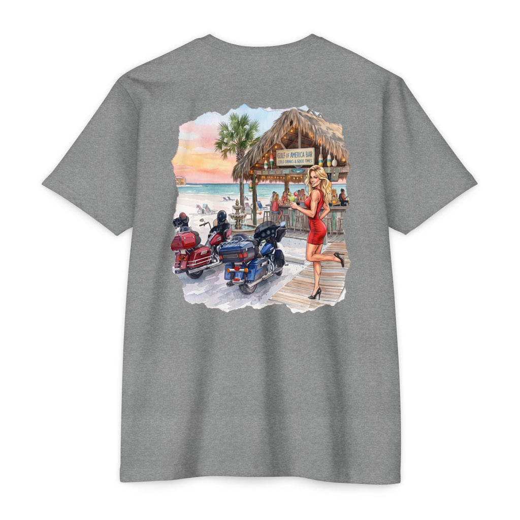 Beach Motorcycle T‑Shirt — Retro Pin-Up Bikes at Tiki Bar