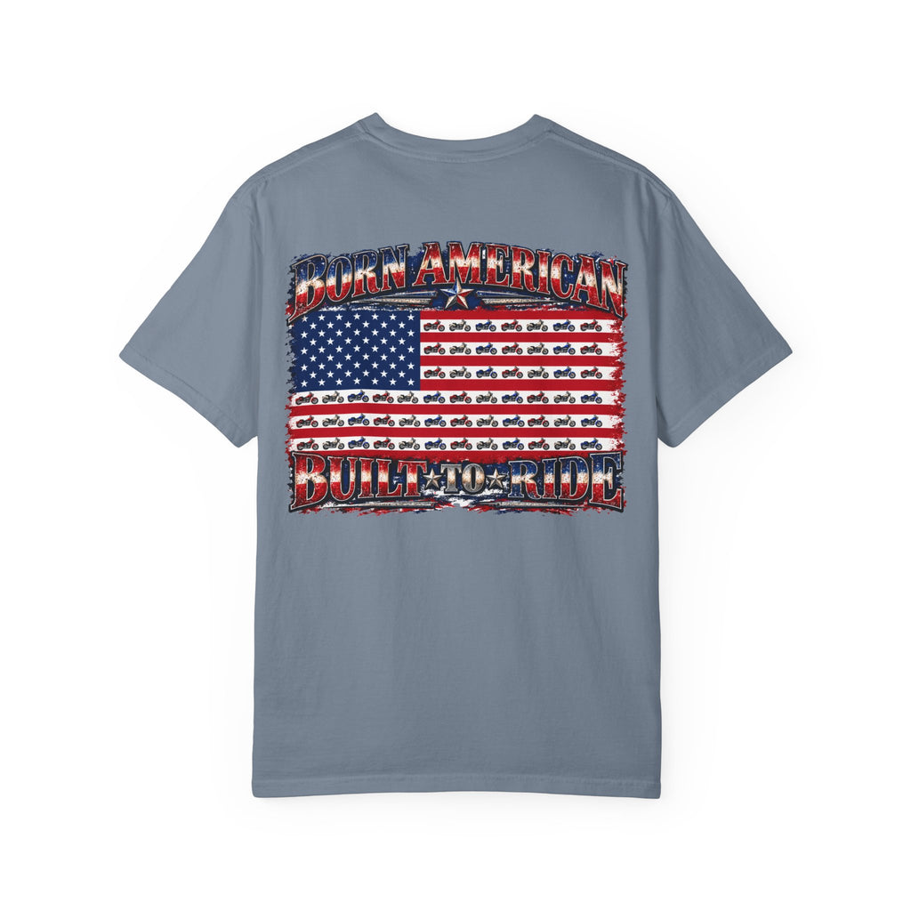 T-Shirt — "Born American, Built to Ride" Flag Motorcycle Graphic