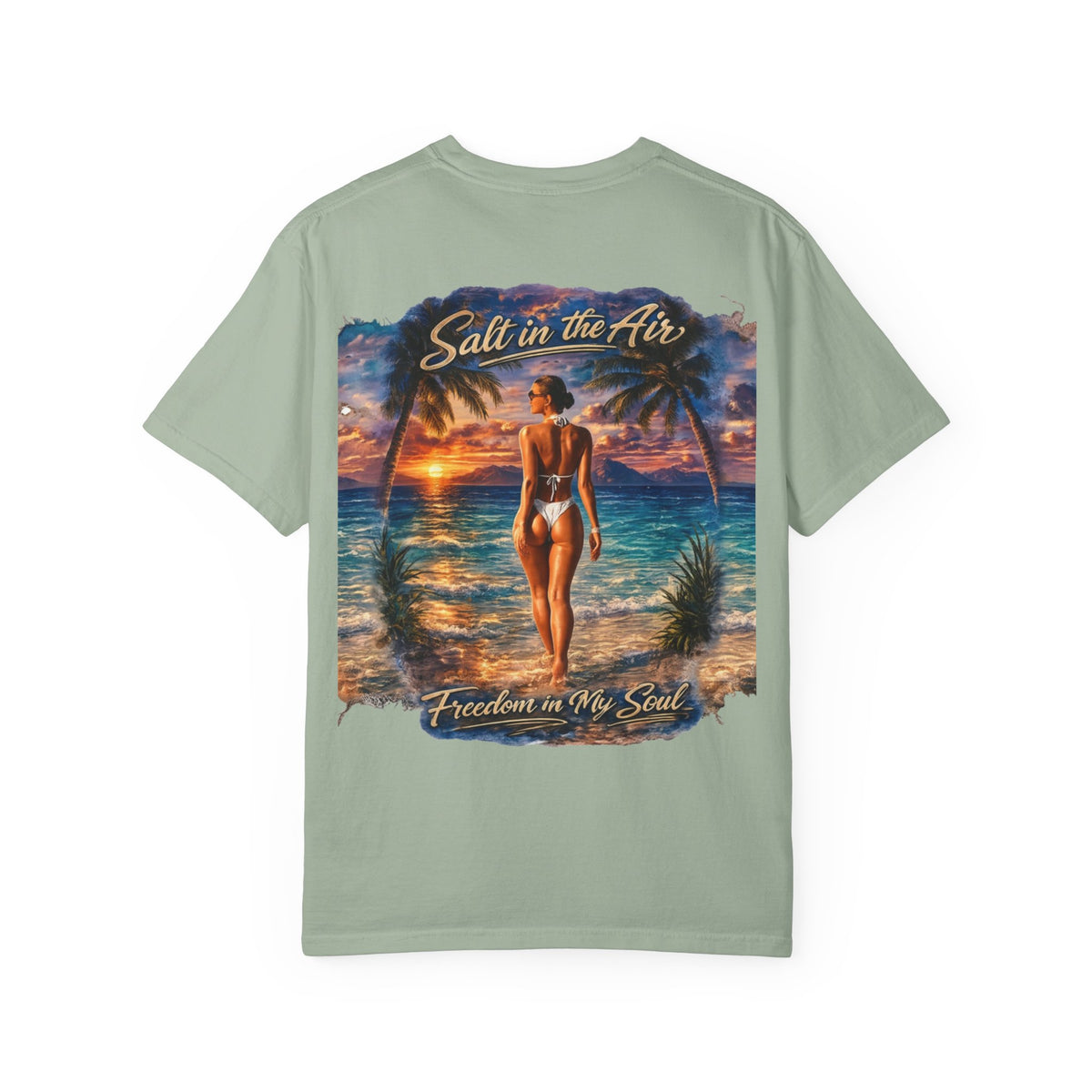 Beach T-Shirt — "Salt in the Air, Freedom in My Soul" Sunset Bikini Graphic