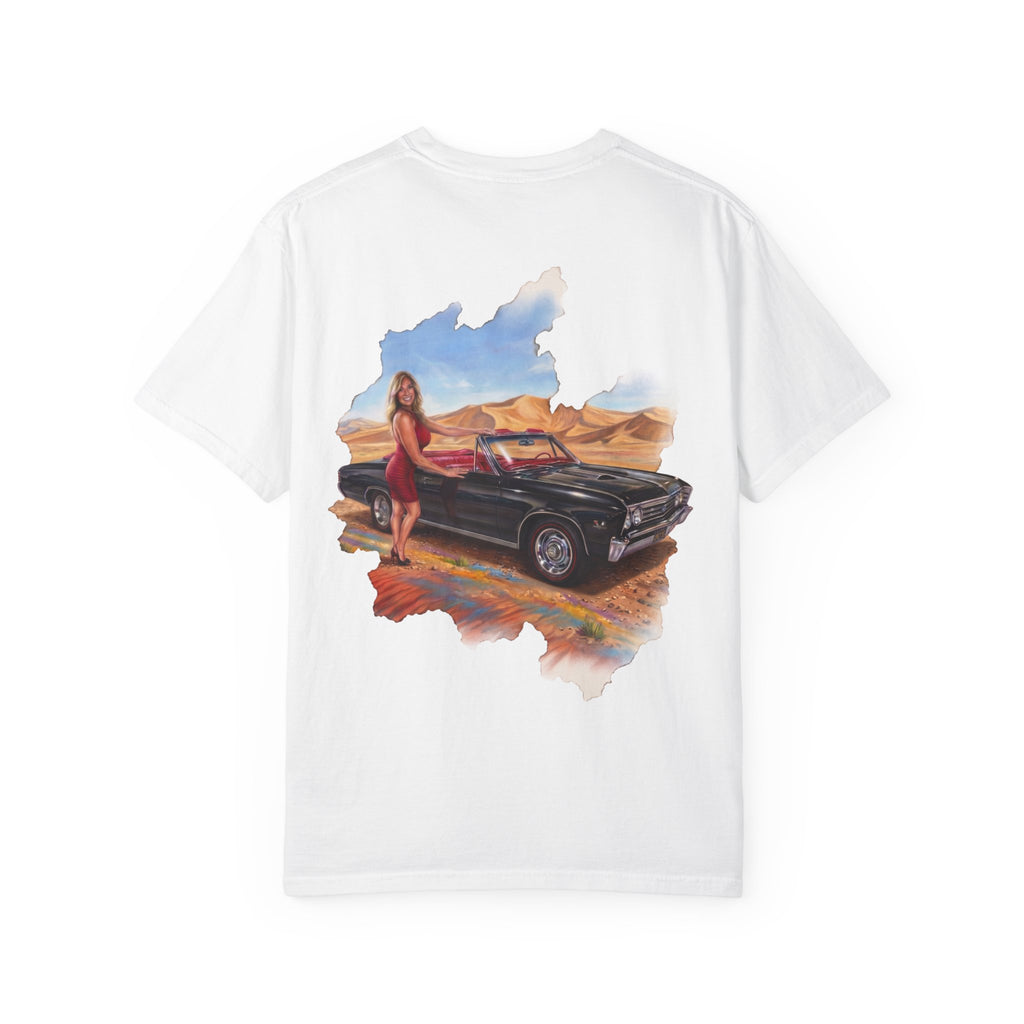 Vintage Roadtrip T-Shirt — Woman by Classic Car Desert Scene