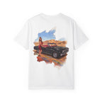 Vintage Roadtrip T-Shirt — Woman by Classic Car Desert Scene