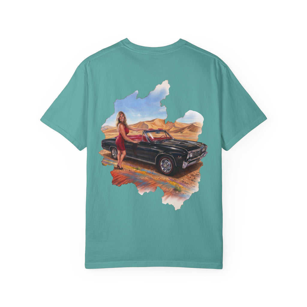 Vintage Roadtrip T-Shirt — Woman by Classic Car Desert Scene