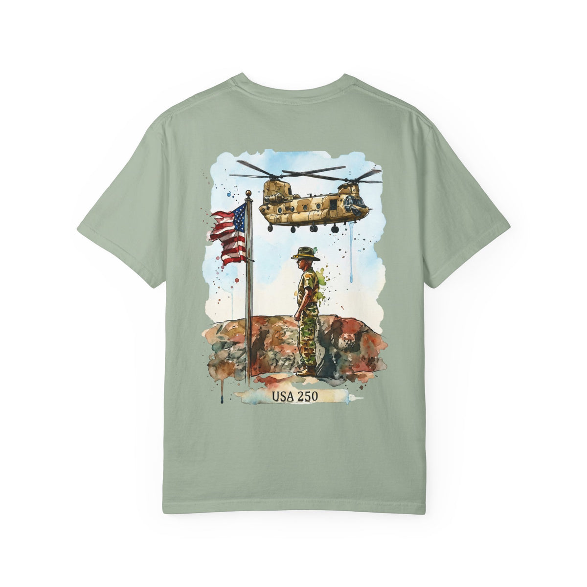 Military Tribute T‑Shirt — Chinook Soldier Watercolor Back Print (USA 250)