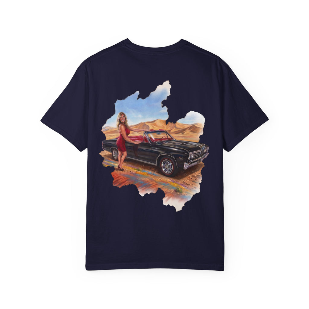 Vintage Roadtrip T-Shirt — Woman by Classic Car Desert Scene