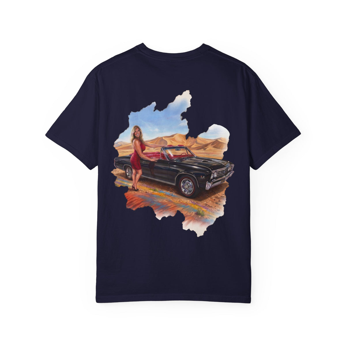 Vintage Roadtrip T-Shirt — Woman by Classic Car Desert Scene