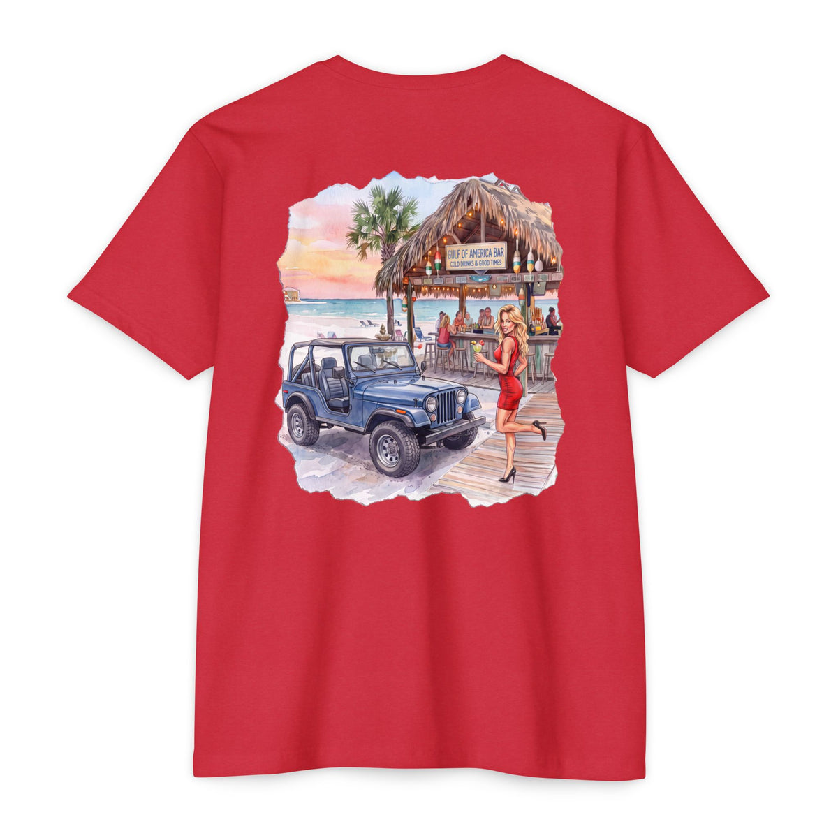 Beach Jeep T‑Shirt — Tropical Tiki Bar Sunset Graphic Tee