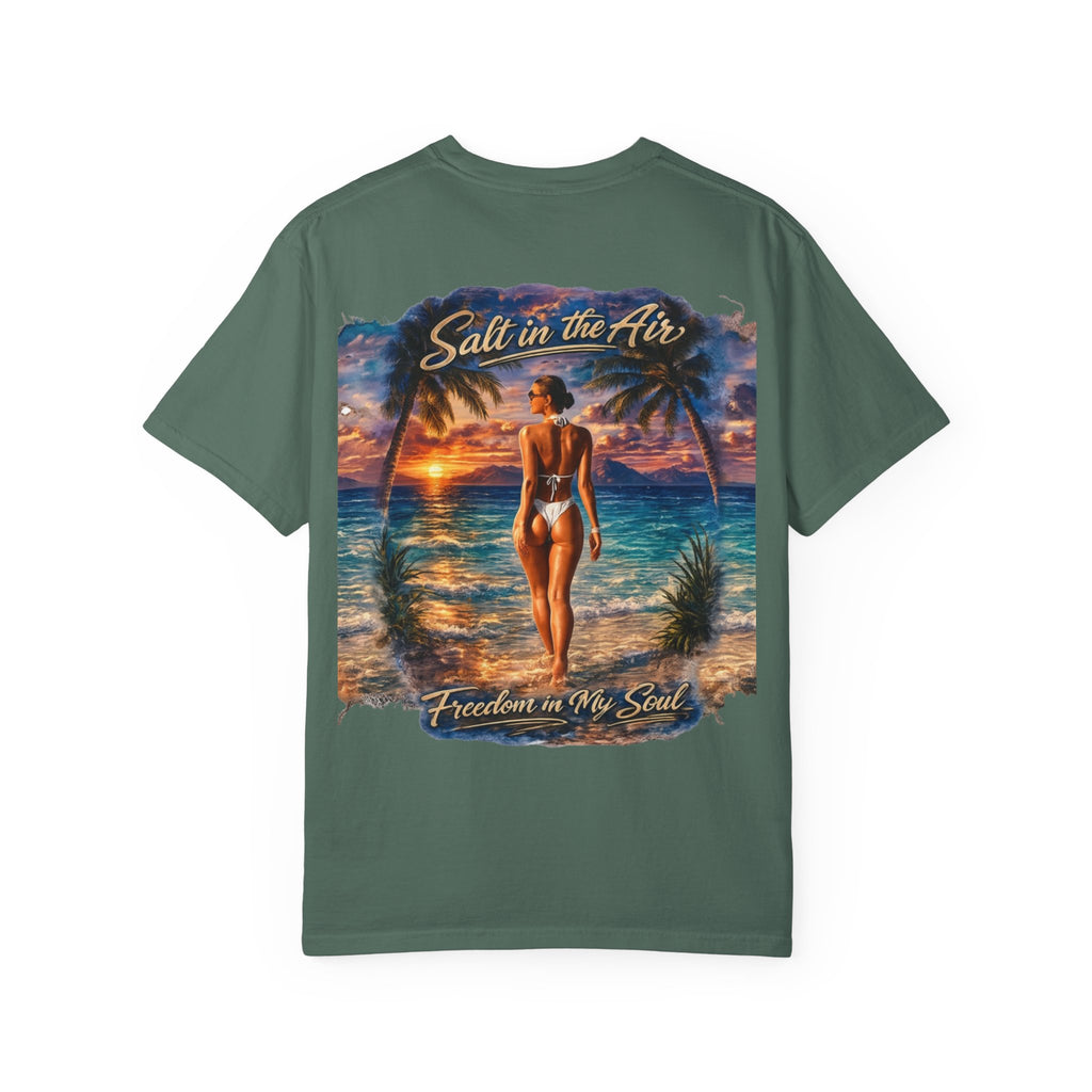 Beach T-Shirt — "Salt in the Air, Freedom in My Soul" Sunset Bikini Graphic