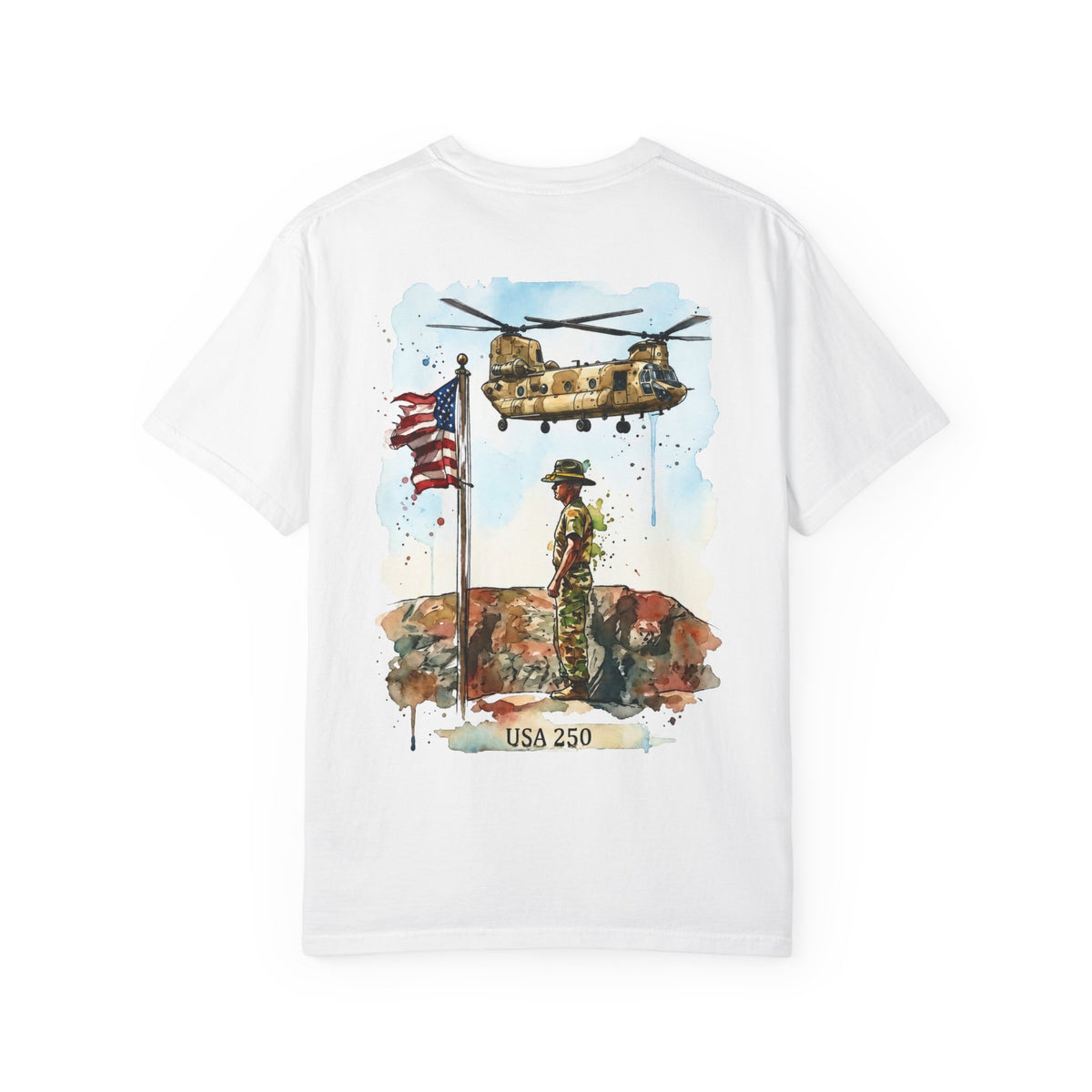 Military Tribute T‑Shirt — Chinook Soldier Watercolor Back Print (USA 250)