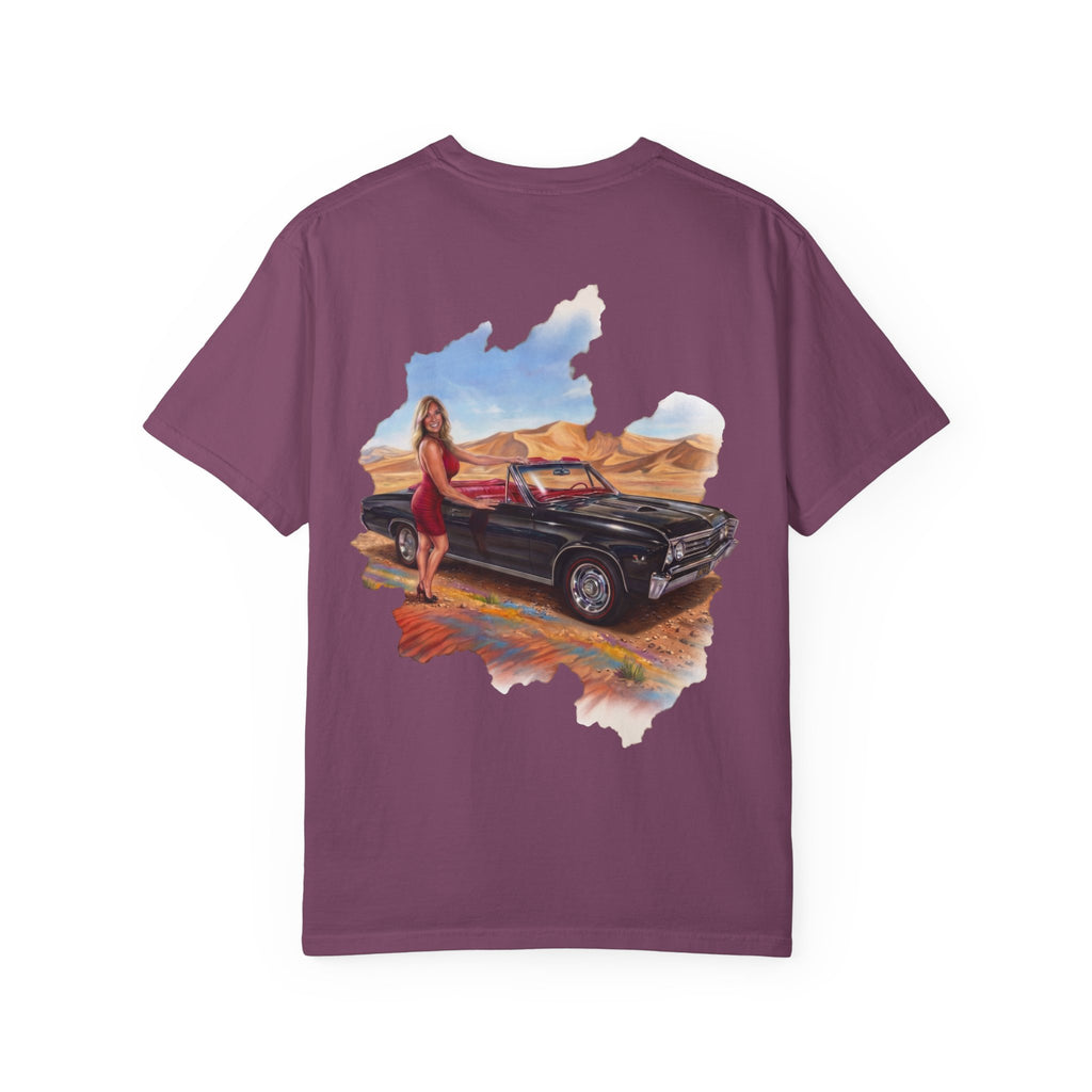 Vintage Roadtrip T-Shirt — Woman by Classic Car Desert Scene