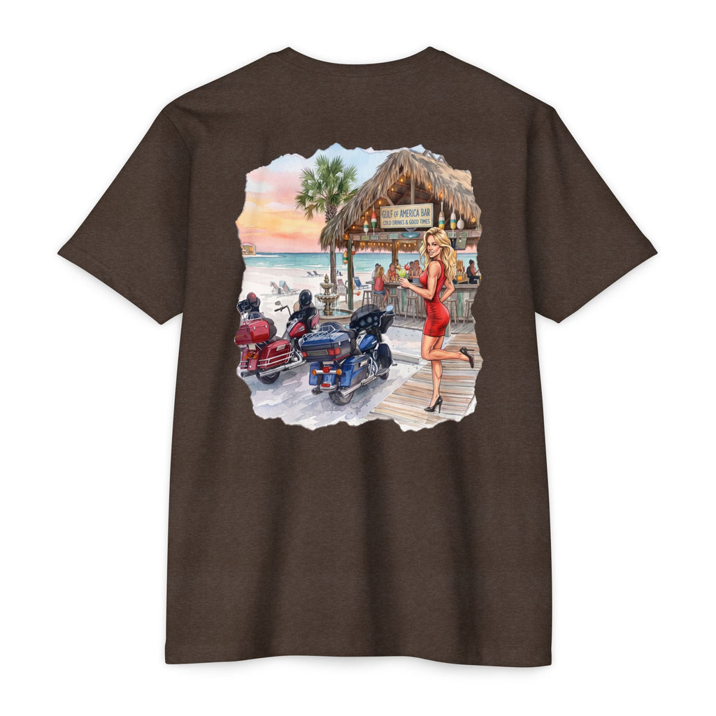Beach Motorcycle T‑Shirt — Retro Pin-Up Bikes at Tiki Bar