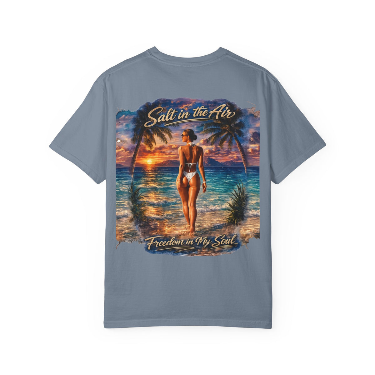 Beach T-Shirt — "Salt in the Air, Freedom in My Soul" Sunset Bikini Graphic