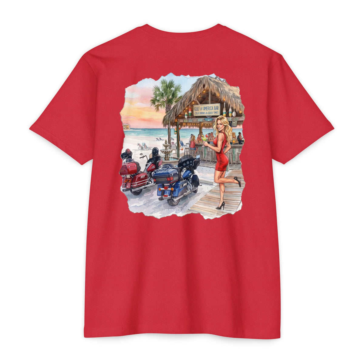 Beach Motorcycle T‑Shirt — Retro Pin-Up Bikes at Tiki Bar