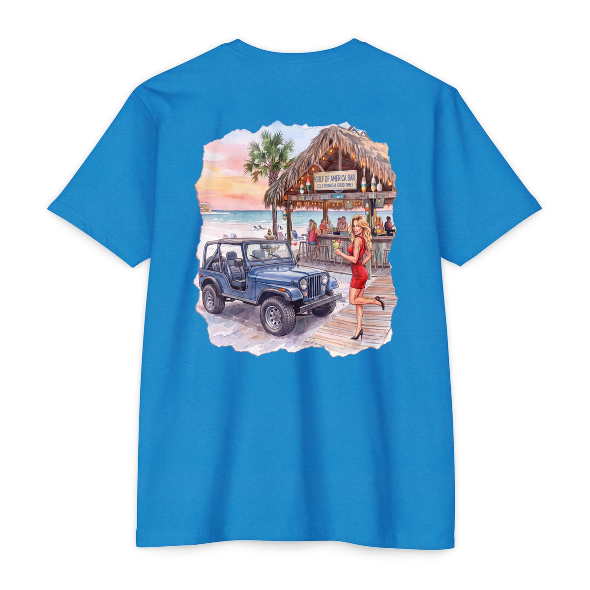 Beach Jeep T‑Shirt — Tropical Tiki Bar Sunset Graphic Tee