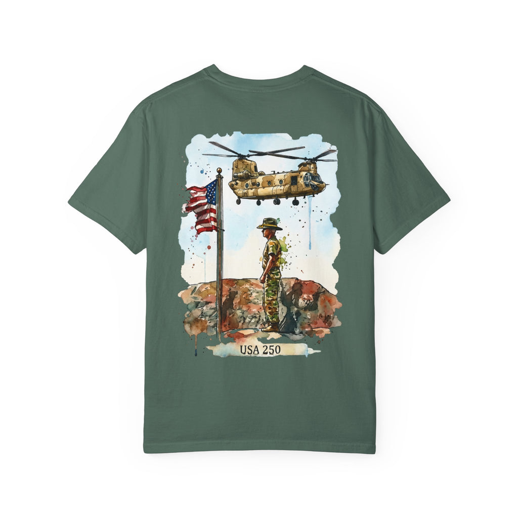 Military Tribute T‑Shirt — Chinook Soldier Watercolor Back Print (USA 250)