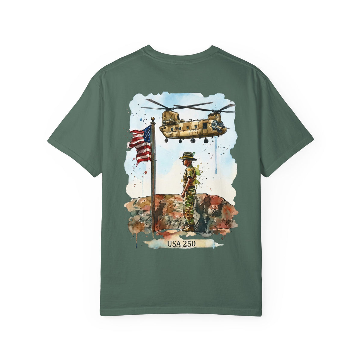 Military Tribute T‑Shirt — Chinook Soldier Watercolor Back Print (USA 250)