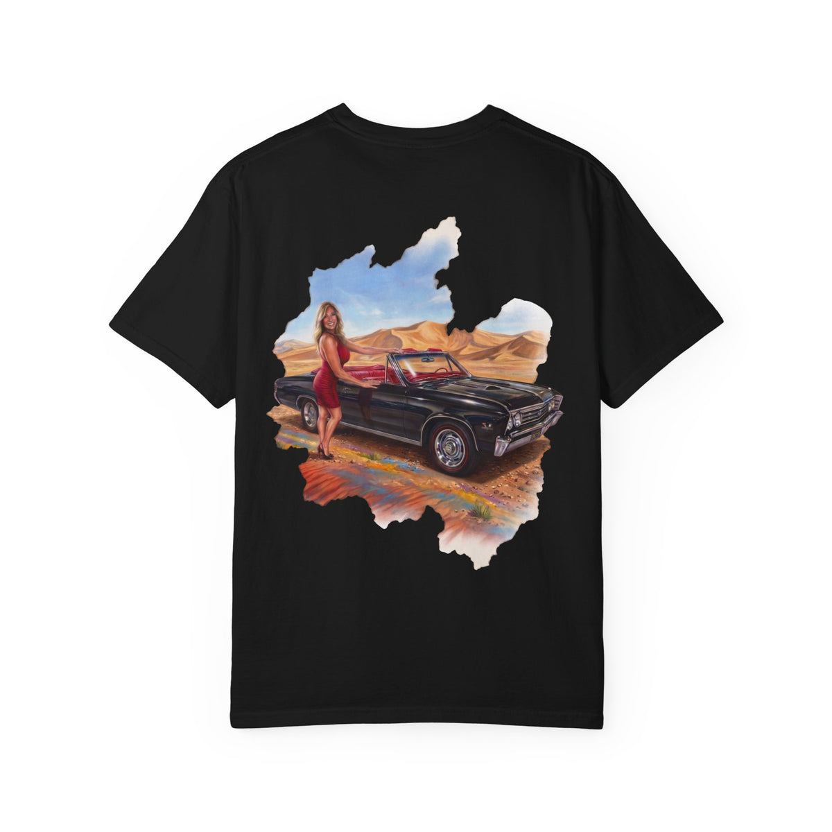 Vintage Roadtrip T-Shirt — Woman by Classic Car Desert Scene