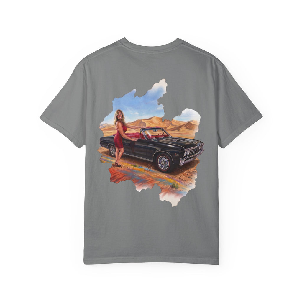 Vintage Roadtrip T-Shirt — Woman by Classic Car Desert Scene