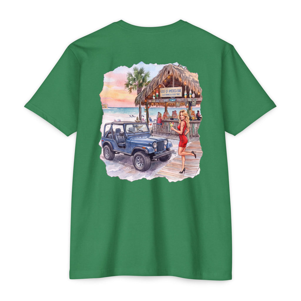Beach Jeep T‑Shirt — Tropical Tiki Bar Sunset Graphic Tee