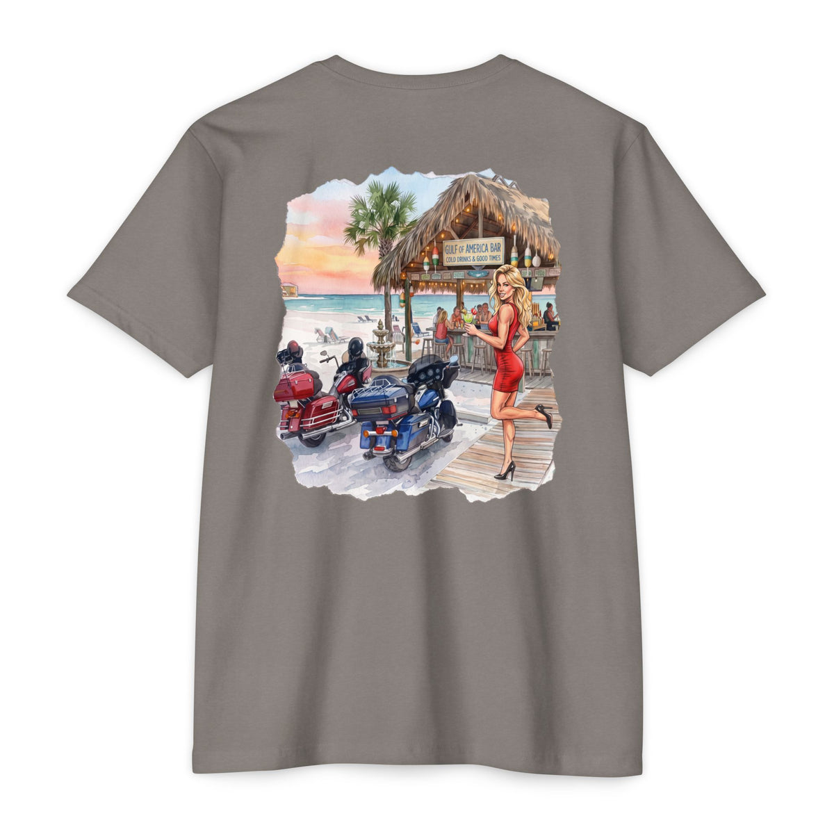 Beach Motorcycle T‑Shirt — Retro Pin-Up Bikes at Tiki Bar