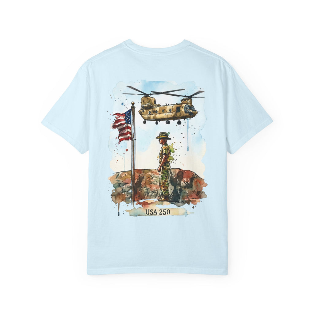 Military Tribute T‑Shirt — Chinook Soldier Watercolor Back Print (USA 250)