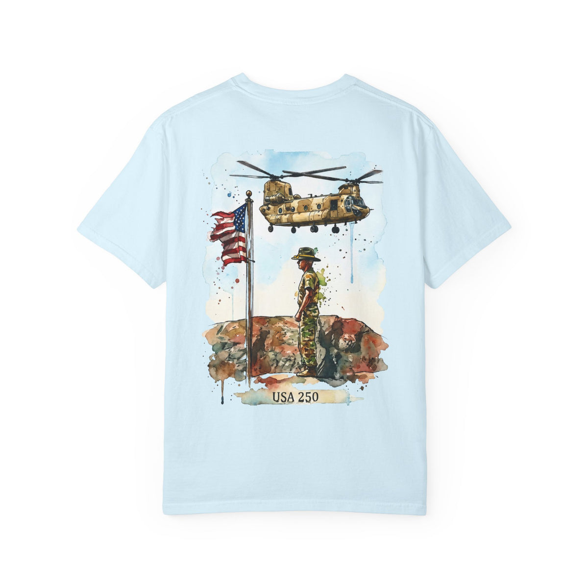 Military Tribute T‑Shirt — Chinook Soldier Watercolor Back Print (USA 250)