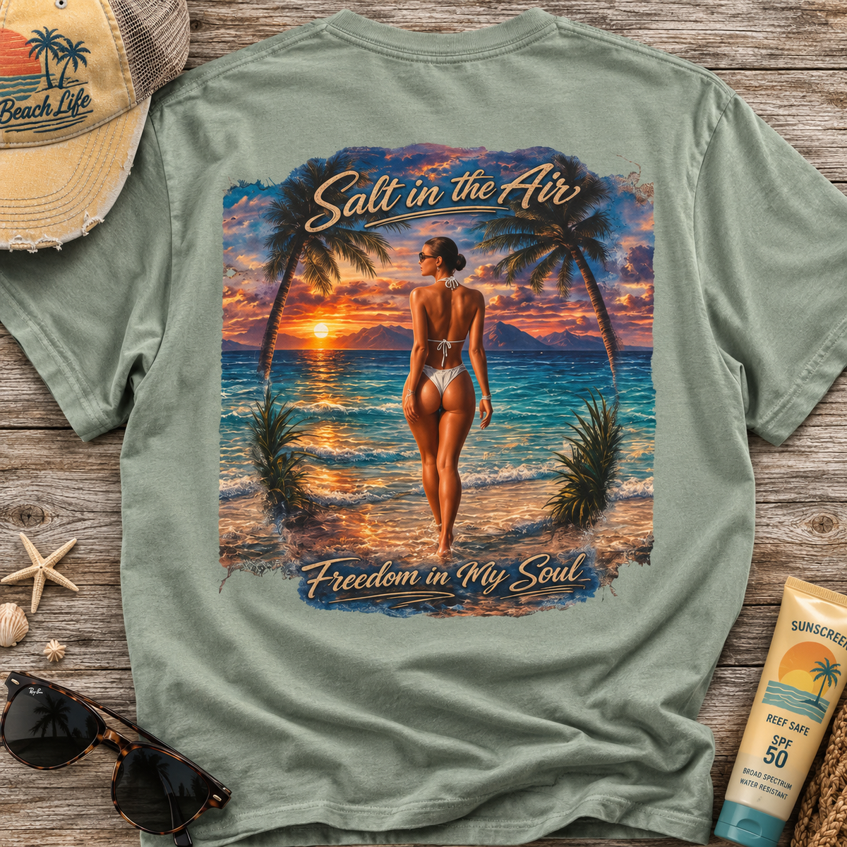 Beach T-Shirt — "Salt in the Air, Freedom in My Soul" Sunset Bikini Graphic