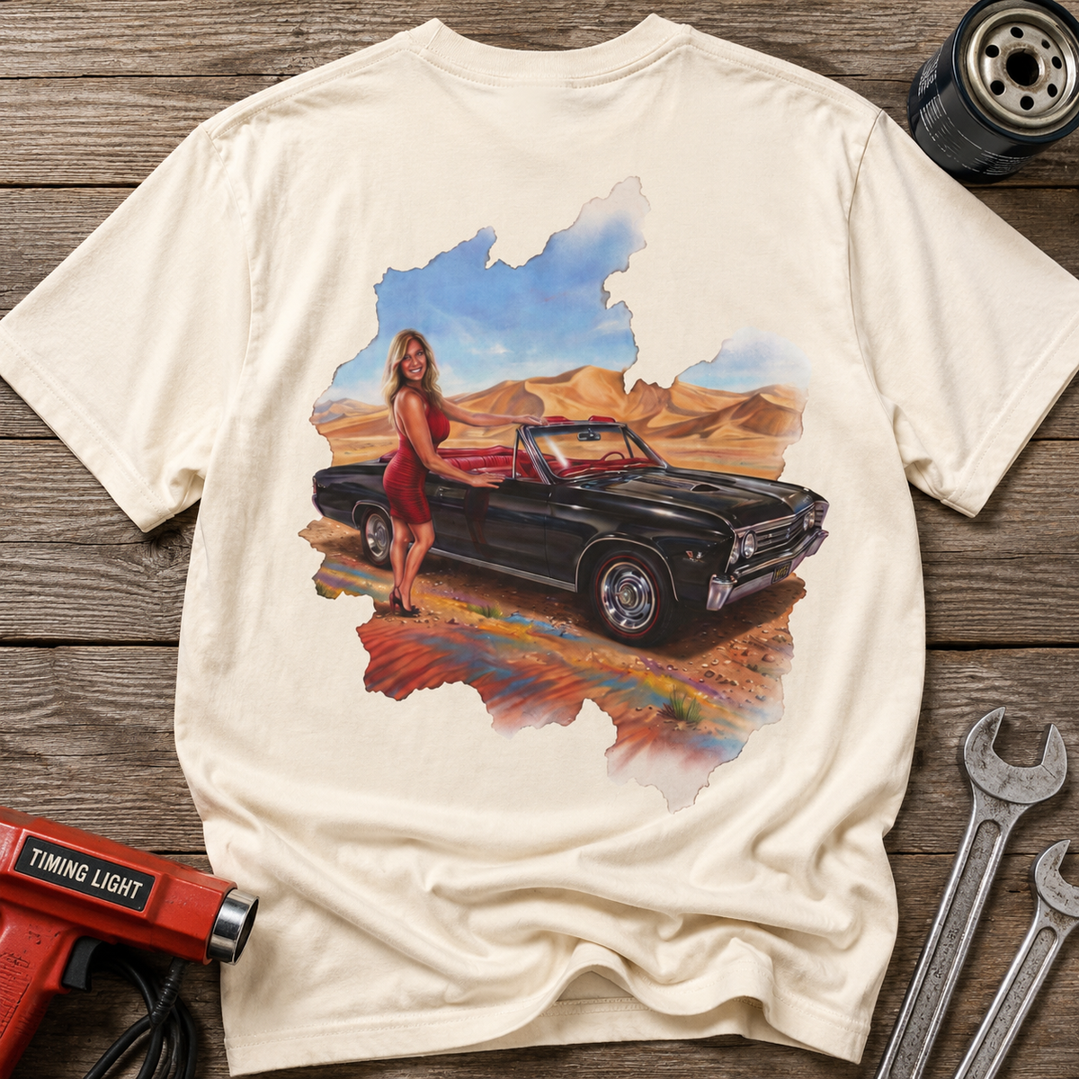 Vintage Roadtrip T-Shirt — Woman by Classic Car Desert Scene