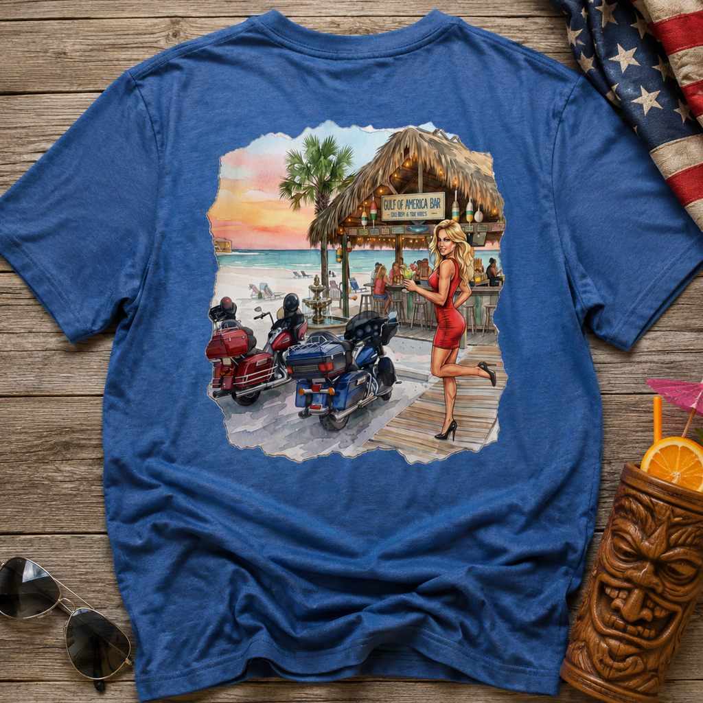 Beach Motorcycle T‑Shirt — Retro Pin-Up Bikes at Tiki Bar