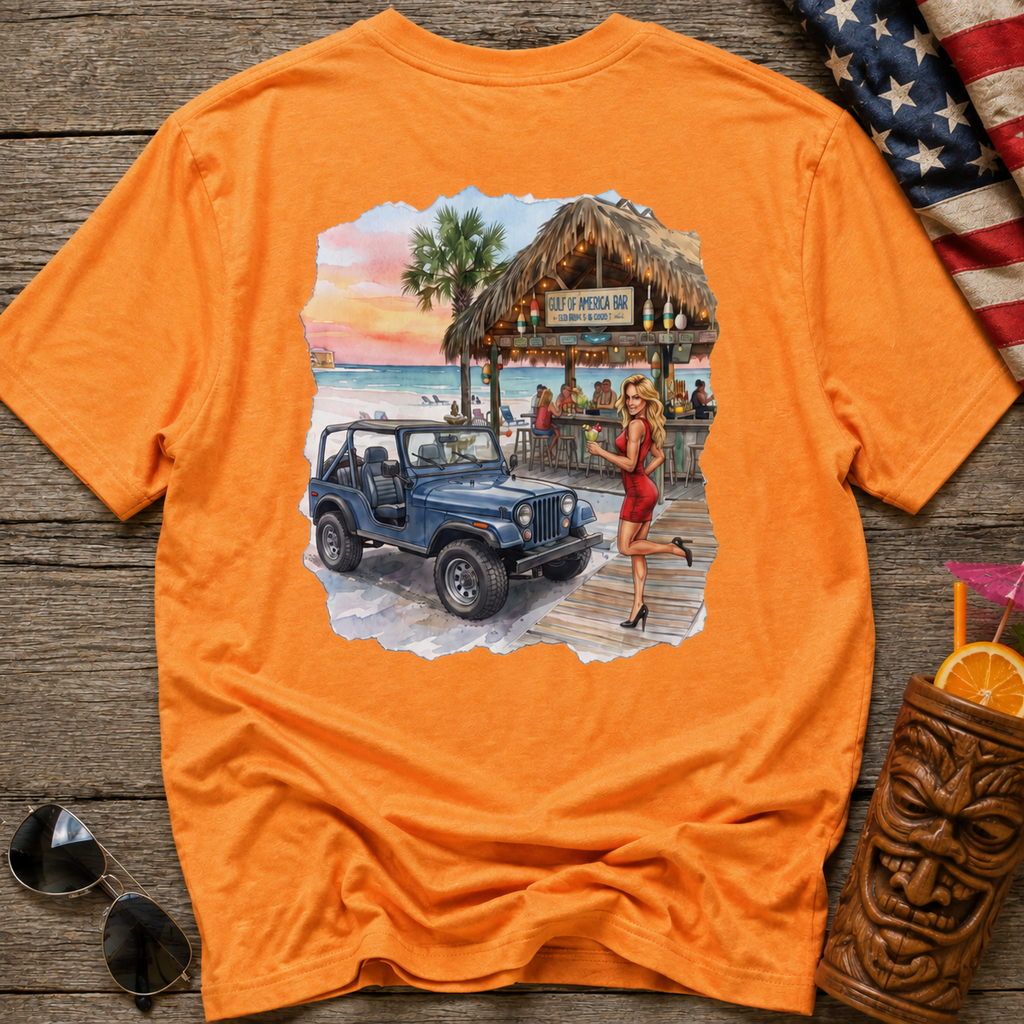 Beach Jeep T‑Shirt — Tropical Tiki Bar Sunset Graphic Tee