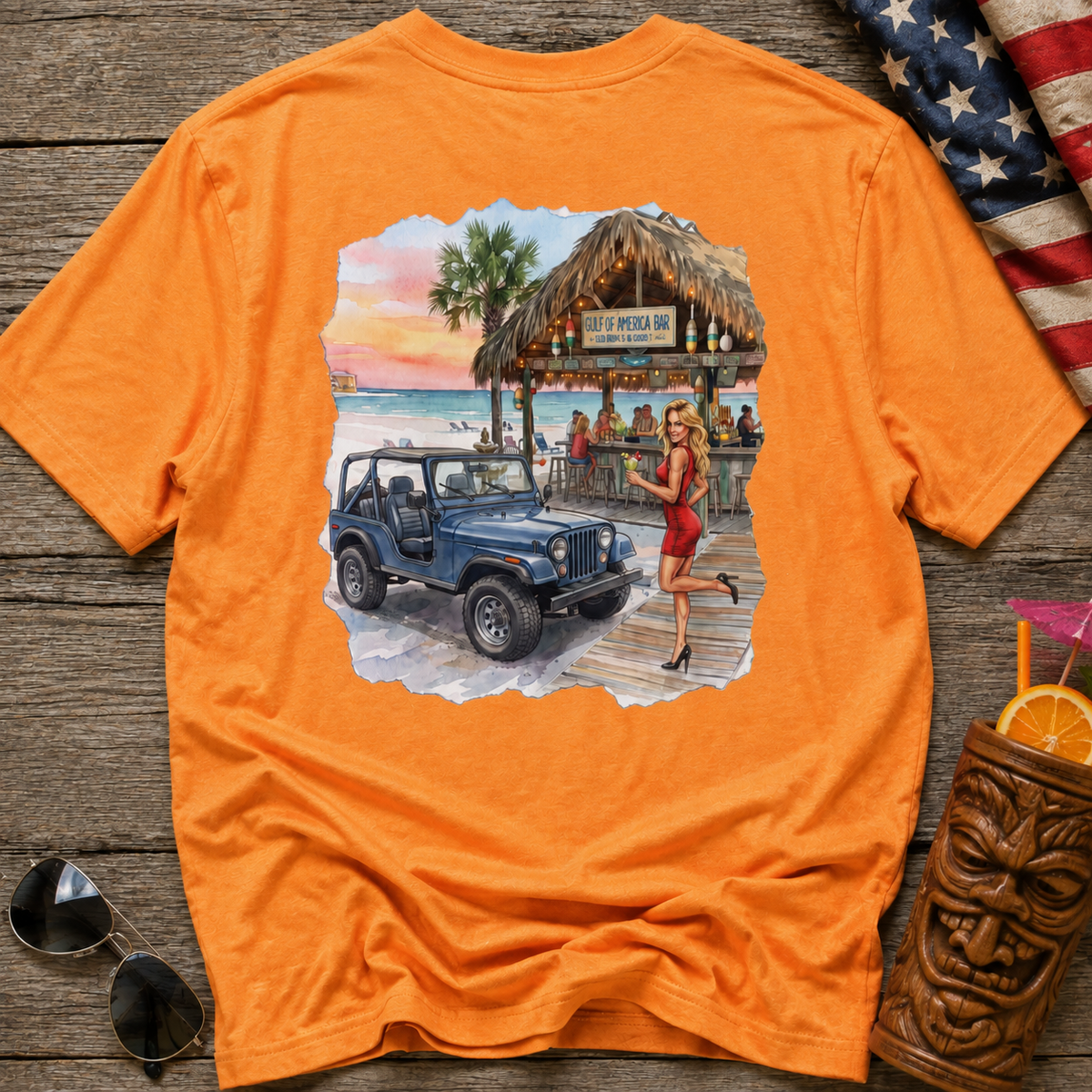 Beach Jeep T‑Shirt — Tropical Tiki Bar Sunset Graphic Tee