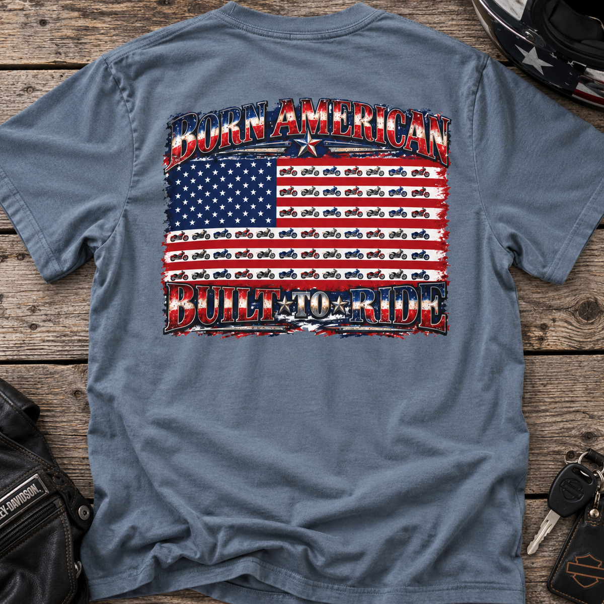T-Shirt — "Born American, Built to Ride" Flag Motorcycle Graphic
