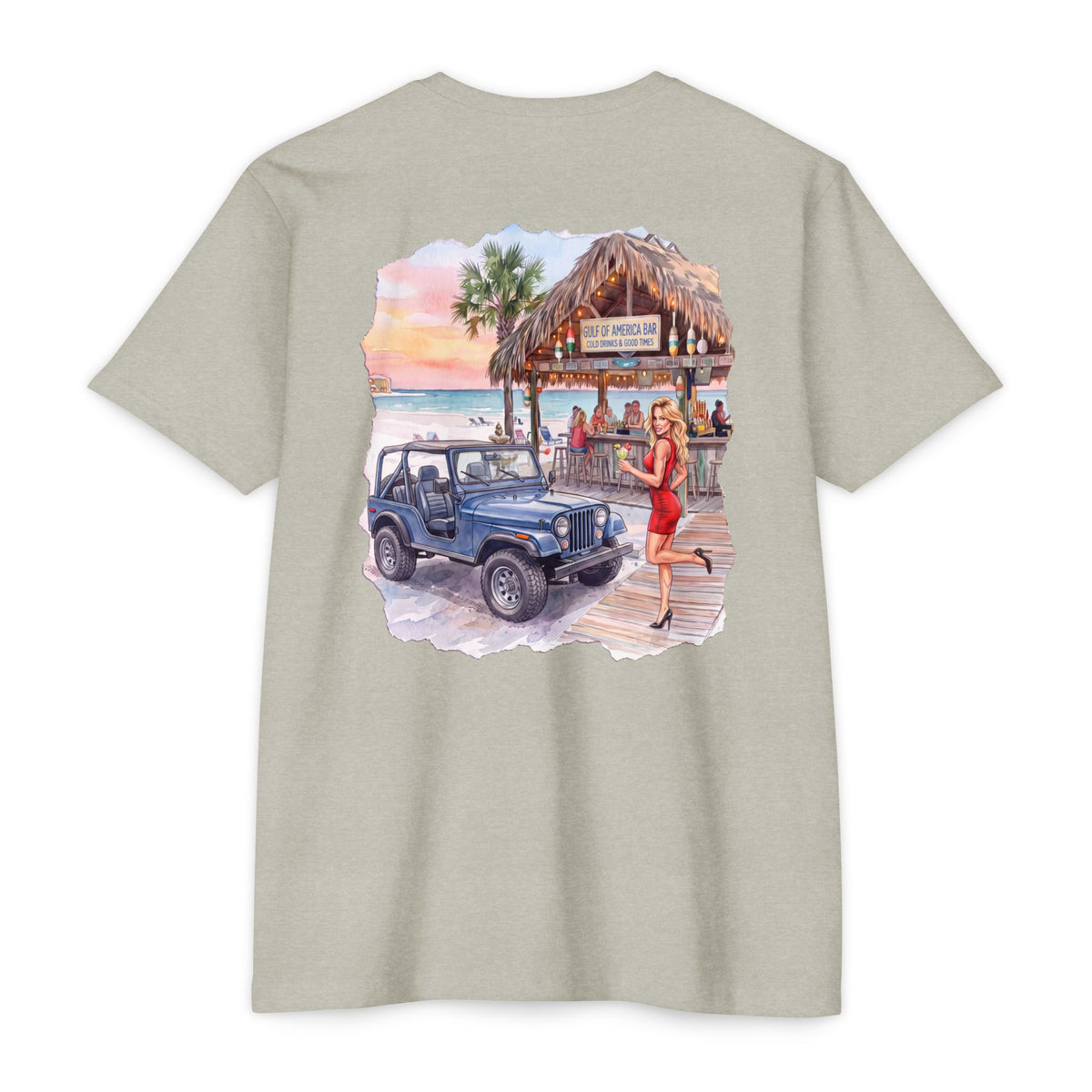Beach Jeep T‑Shirt — Tropical Tiki Bar Sunset Graphic Tee