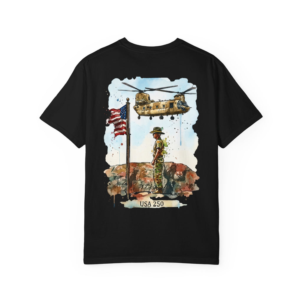 Military Tribute T‑Shirt — Chinook Soldier Watercolor Back Print (USA 250)