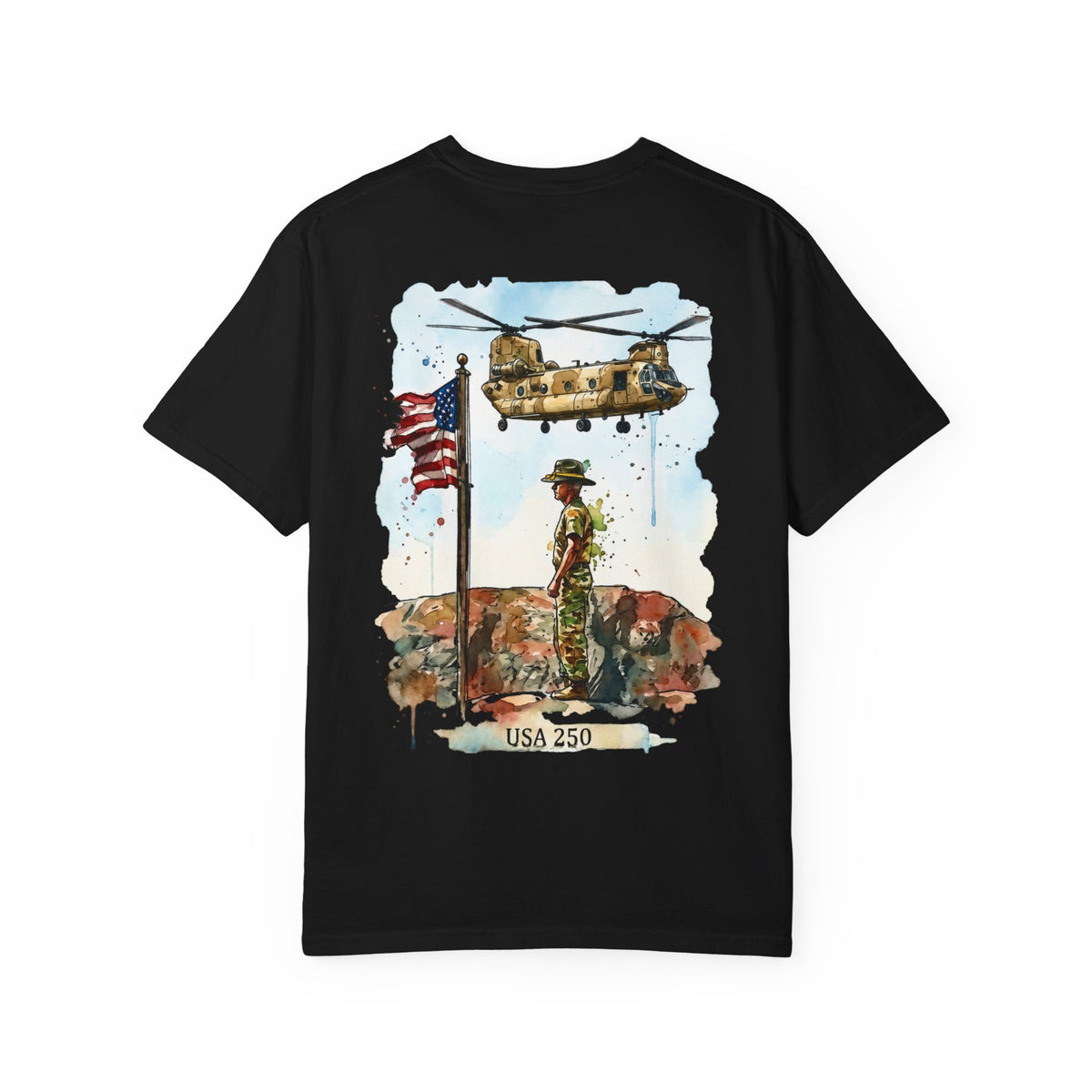 Military Tribute T‑Shirt — Chinook Soldier Watercolor Back Print (USA 250)