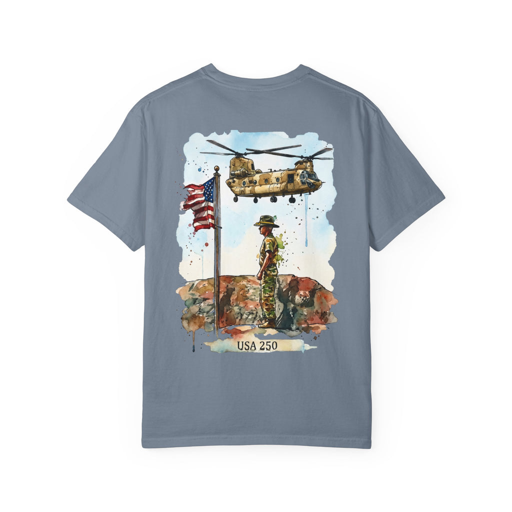 Military Tribute T‑Shirt — Chinook Soldier Watercolor Back Print (USA 250)