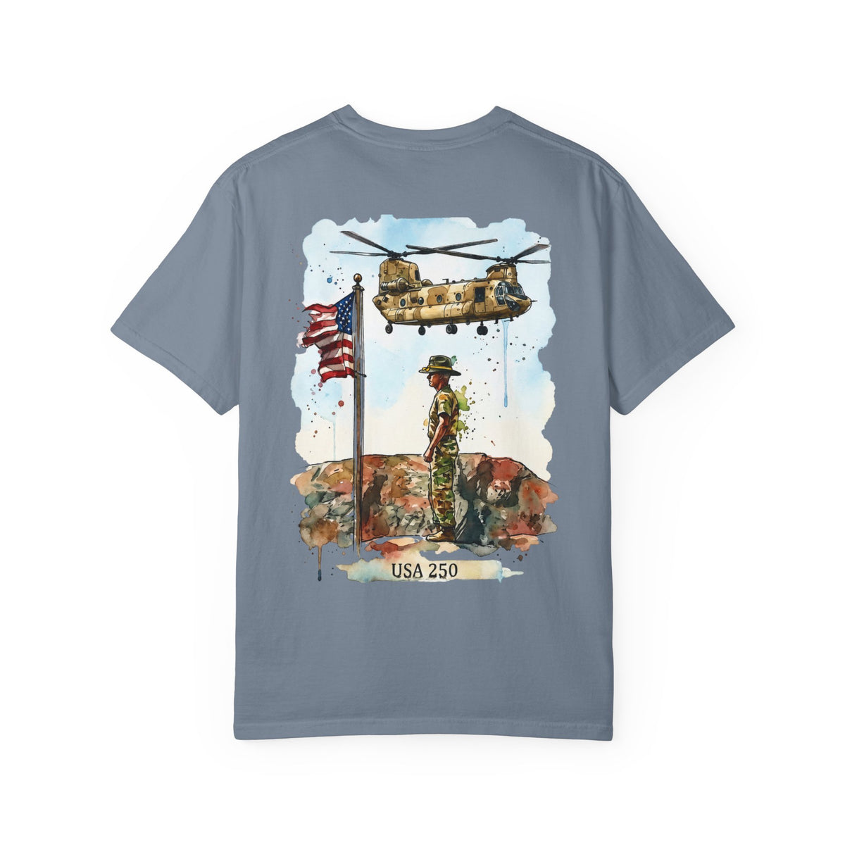 Military Tribute T‑Shirt — Chinook Soldier Watercolor Back Print (USA 250)