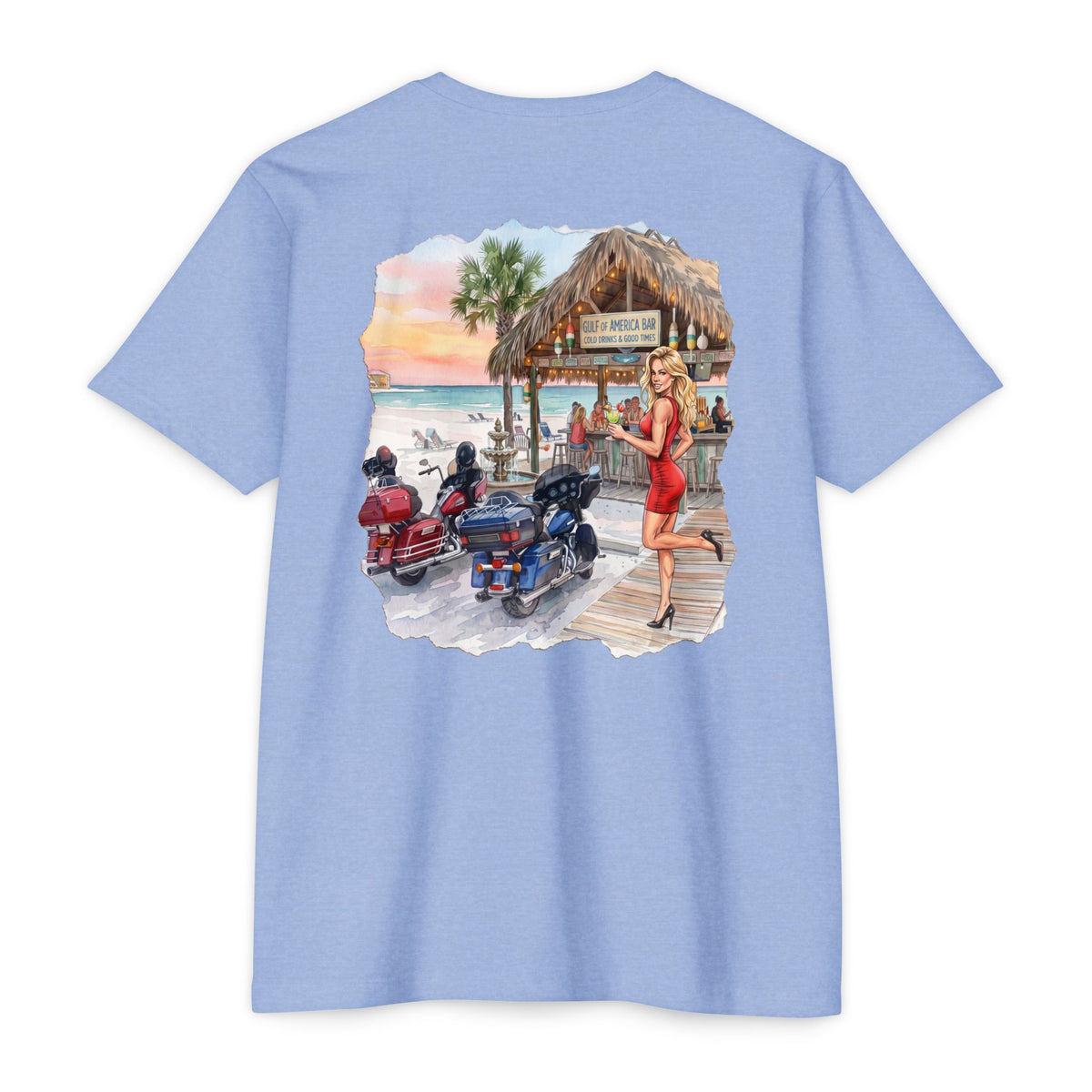 Beach Motorcycle T‑Shirt — Retro Pin-Up Bikes at Tiki Bar