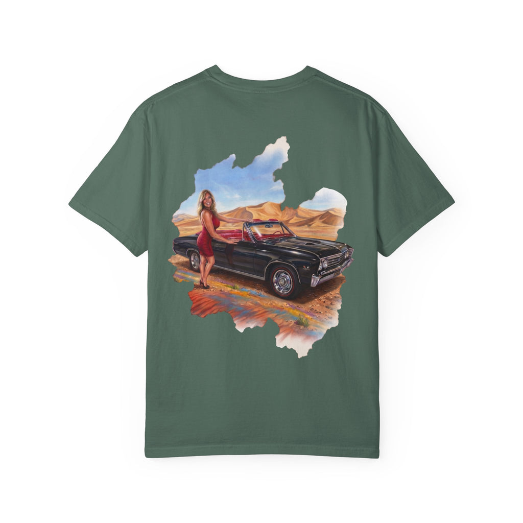 Vintage Roadtrip T-Shirt — Woman by Classic Car Desert Scene
