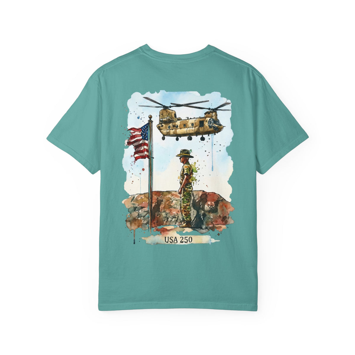 Military Tribute T‑Shirt — Chinook Soldier Watercolor Back Print (USA 250)