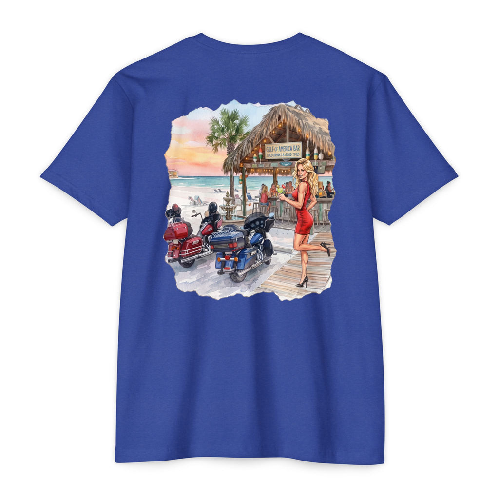 Beach Motorcycle T‑Shirt — Retro Pin-Up Bikes at Tiki Bar
