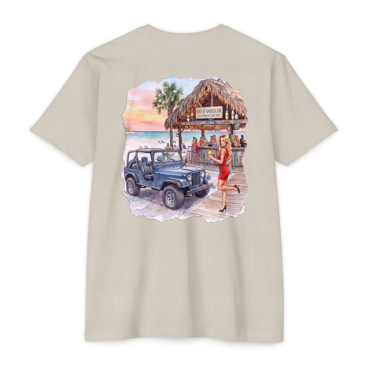 Beach Jeep T‑Shirt — Tropical Tiki Bar Sunset Graphic Tee