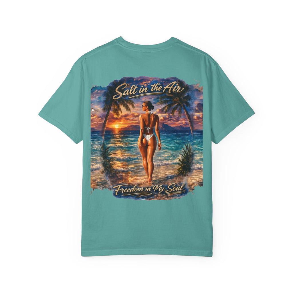 Beach T-Shirt — "Salt in the Air, Freedom in My Soul" Sunset Bikini Graphic