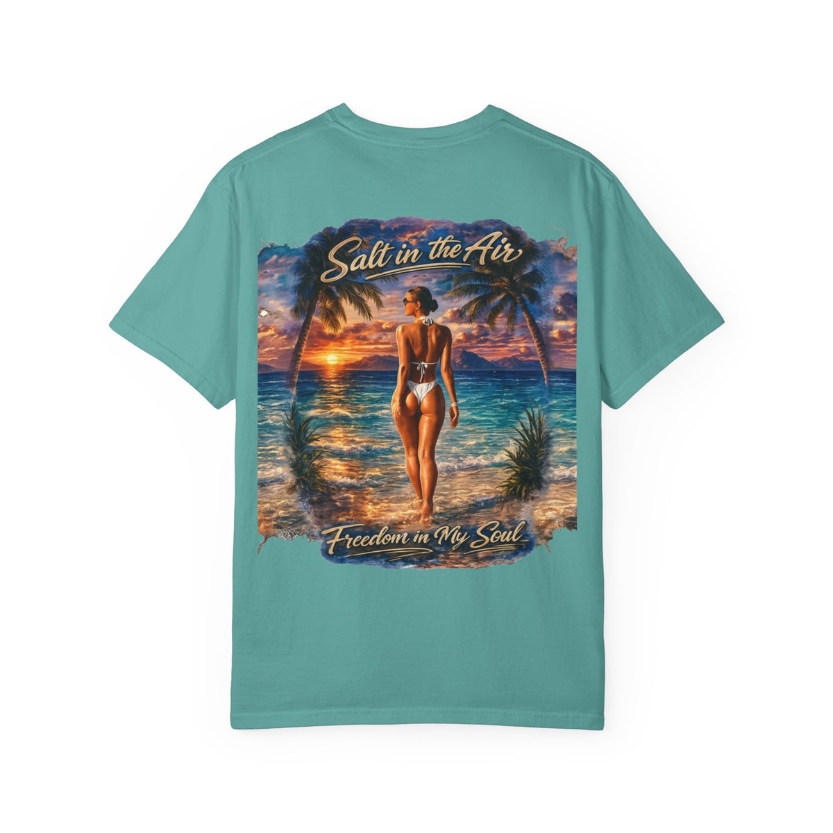 Beach T-Shirt — "Salt in the Air, Freedom in My Soul" Sunset Bikini Graphic