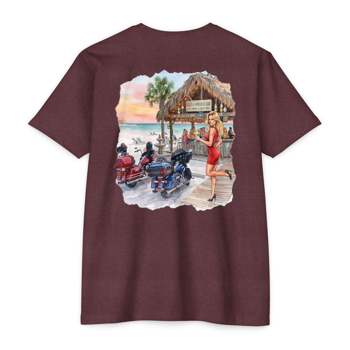 Beach Motorcycle T‑Shirt — Retro Pin-Up Bikes at Tiki Bar