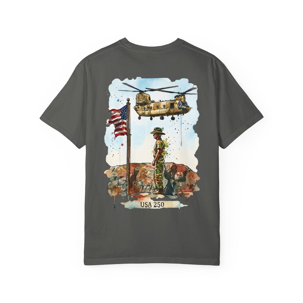 Military Tribute T‑Shirt — Chinook Soldier Watercolor Back Print (USA 250)
