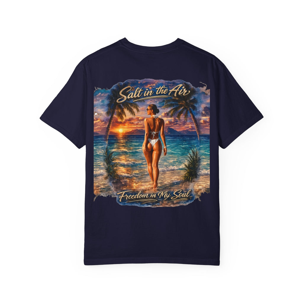 Beach T-Shirt — "Salt in the Air, Freedom in My Soul" Sunset Bikini Graphic