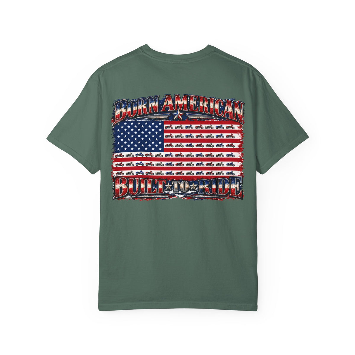 T-Shirt — "Born American, Built to Ride" Flag Motorcycle Graphic