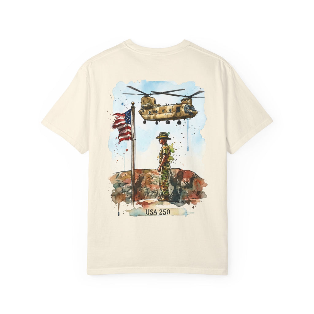 Military Tribute T‑Shirt — Chinook Soldier Watercolor Back Print (USA 250)